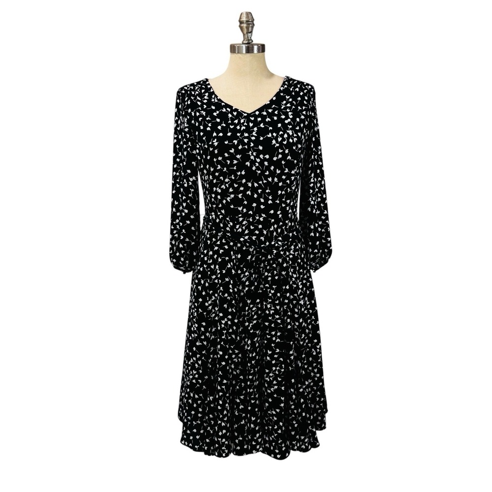 Talbots Dress Women's 2 Black White Floral Fit Flare 3/4 Sleeve Workwear Classic